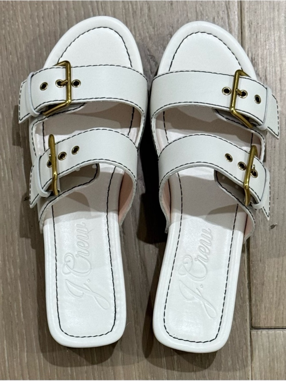 J. Crew White Leather Double-Buckle Slide Mules with Gold Buckles
